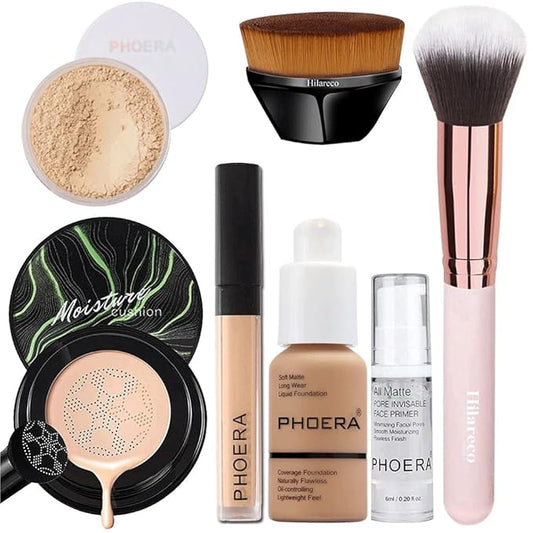 PHOERA Foundation Full Coverage Makeup, Mushroom Head Air Cushion CC Cream Natural Foundation Set,PHOERA Concealer, PHOERA Primer, PHOERA Powder, Foundation Brushes (105 Sand+ 05 Sand CC)-VeraVaultWomen