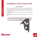 Starrett Steel Combination Square with Square Head - 6" Blade Length, Cast Iron Heads, Hardened Steel, Reversible Lock Bolt, Scriber, Spirit Level, 4R Graduation Type - 11H-6-4R