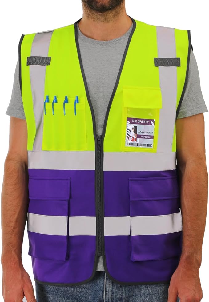 Dib Safety Reflective Vest High Visibility with Pockets and Zipper, Yellow and Purple L