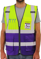 Dib Safety Reflective Vest High Visibility with Pockets and Zipper, Yellow and Purple L