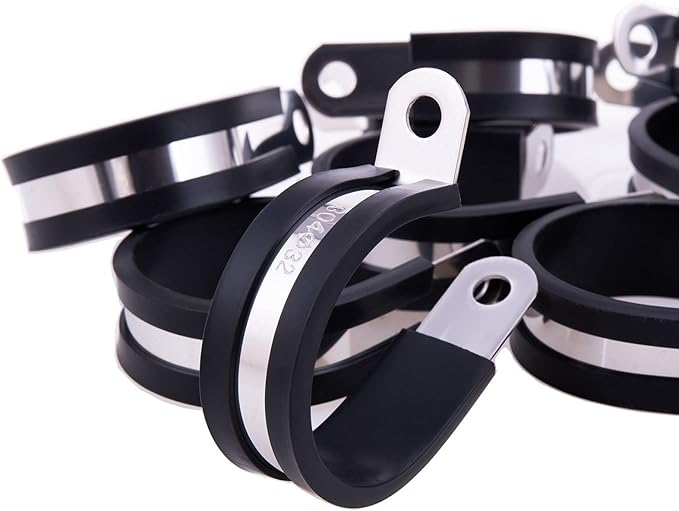 HOLYBEAR 1-1/4 Inch Stainless Steel Cable Clamp, Rubber Insulated Metal Conduit Wire Holder Strap Clips for Pipe, Tube, Hose Bracket (32mm, 12pcs)