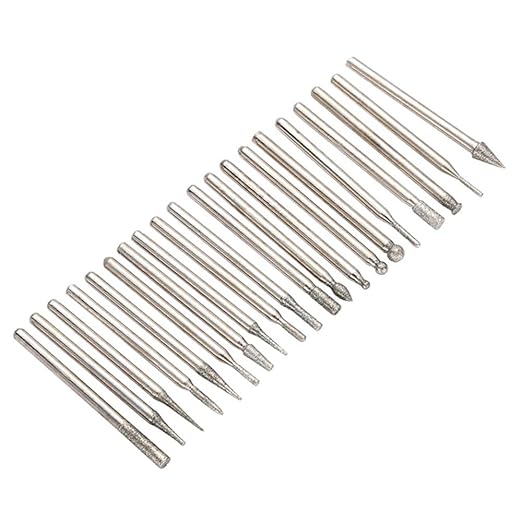 Diamond Burr Bit Set for Dremel Tool Glass Tile Stone Bits Engraving Bur Kit Masonry Grinding Carving Rock Shaping Jewelry Drill Rotary Burrs Lapidary Working Etching Accessory 1/8” Shank Burs - 20pc