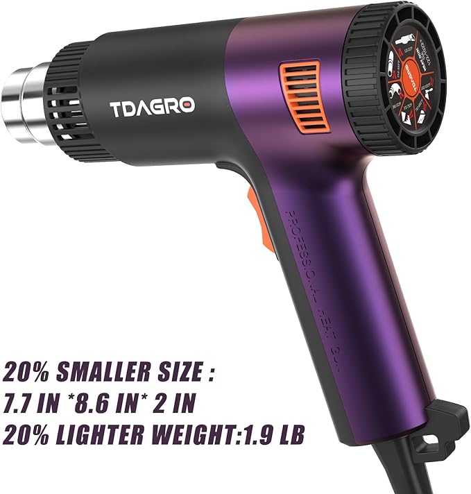 A Nice Heat Gun, Compact but Powerful, Variable Temp Control 122℉~1202℉, Fast Heating Smaller Heat Gun for Crafting, Shrink Tubing,Shrink Wrap,Vinyl Wrap, Intergrated Holder for Hands Free & Hanging