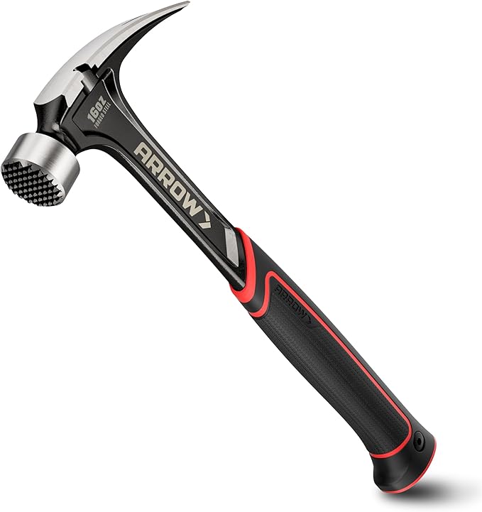 ARROW 16 oz Straight Claw Hammer, Rip Claw Hammer with Side Nail Puller, Milled Face & Shock Absorbing Grip, One-piece Forged Hammer
