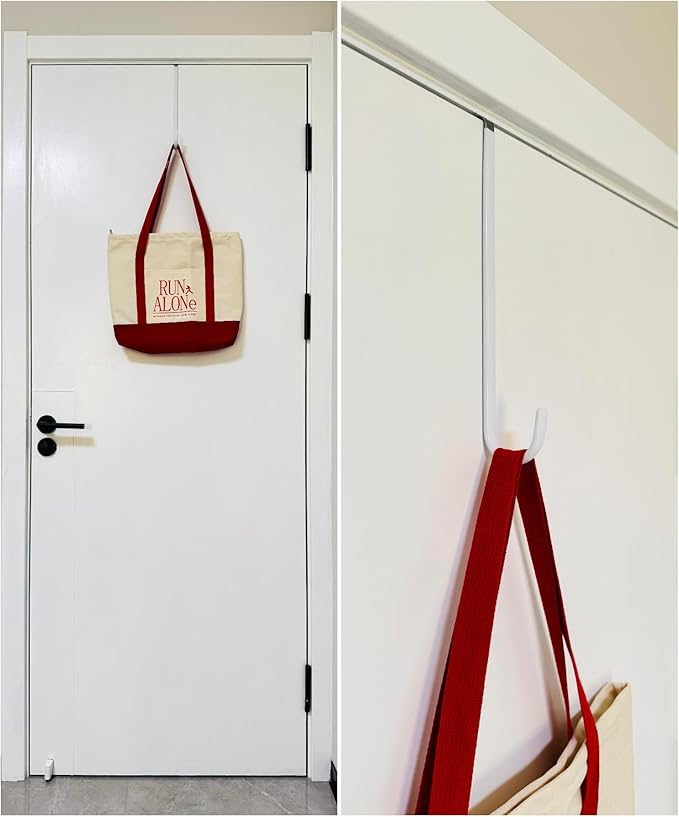 Over The Door Metal Hooks with Plastic Coating 10" Fit 0.5" to 1 3/8" Door 4 Pcs Heavy Duty Single Towel Robe Rack Wreath Bathroom Shower Hanger Shoe Organizer Ironing Board Long White