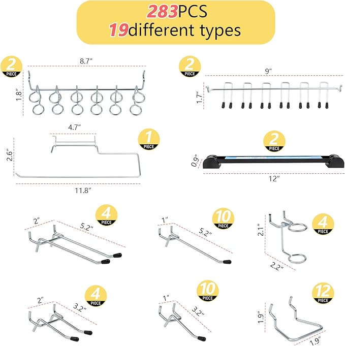 283PCS Metal Pegboard Hooks Organizer Kit for Organizing Various Tools - Heavy Duty 1/4" & 1/8" Pegboard Accessories with Pegboard Bins, Wall Mount Tool Storage for Garage, Workshop & Kitchen