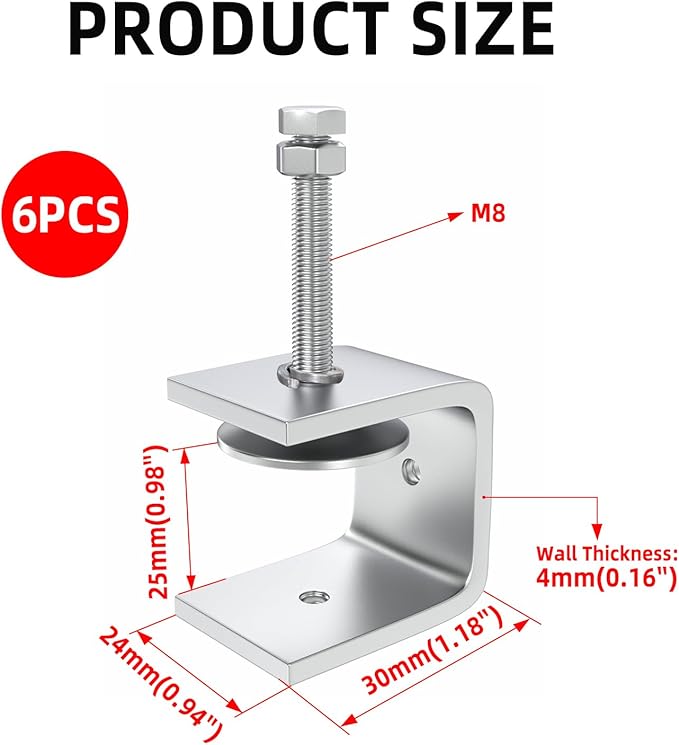 1.2 Inch Stainless Steel Heavy-Duty Clamp, Stainless Steel C-Shaped Clamp with 1-Inch Opening, Suitable for Woodworking Bonding, Cutting and Installation. 6pcs