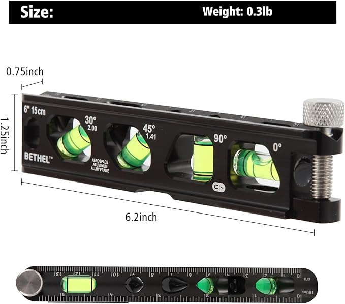 BETHEL 6 Inch Magnetic Torpedo Level with 4 Bubble Vials, V-Groove & Magnetic Rails, Black Aluminum Alloy Construction