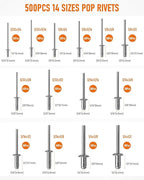 INCLY 1000PCS Aluminum Pop Rivets Assortment Kit, 14 Sizes Pop Rivets (3/32" 1/8" 5/32" 3/16" 1/4") with 5 Size 304 Stainless Steel Backup Washers, Assorted Blind Rivets for Metal with Storage Case