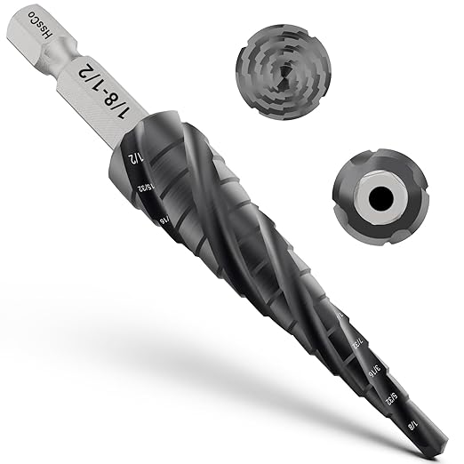 M35 Four Spiral Flute Cobalt Step Drill Bit 1/8"-1/2", Wear-Resistant TiAlN Coated 1/4" Hex Shank Unibit Step Bit for Metal, Stainless Steel, Aluminum, Wood, Plastic（13 Sizes）