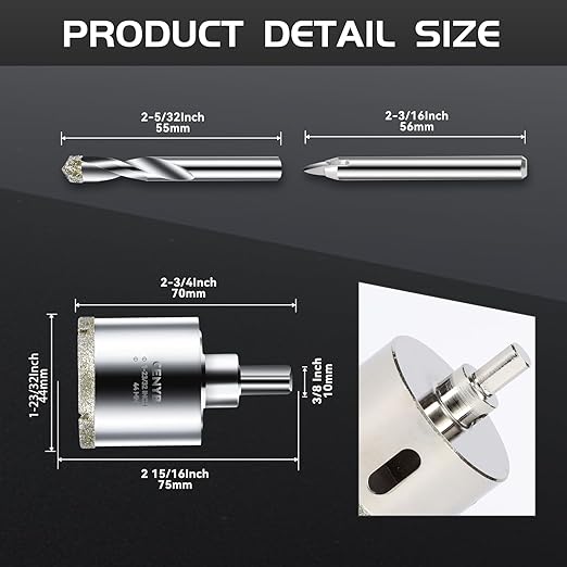 1-23/32inch | 44mm Diamond Hole Saw with Center Drill bit and Diamond-Coated Center Drill bit for Ceramic Glass Marble Fiberglass Granite and Porcelain Tiles by CENYB