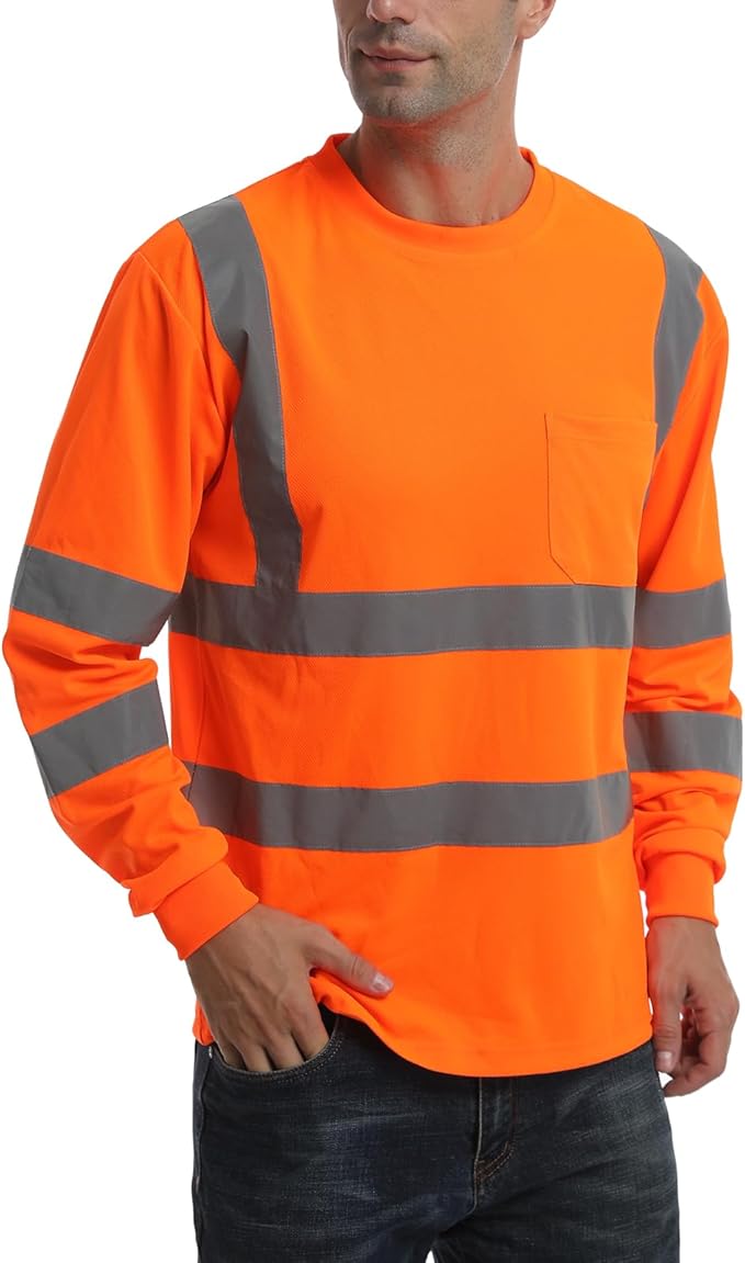 High Visibility Class 3 T Shirts，Hi Vis Safety Shirts with Reflective Strips and Pocket, Long Sleeve Quick Dry Mesh Construction Work Shirt for Men/Women Orange,Small