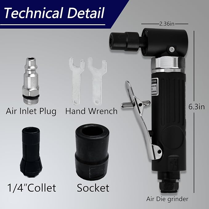 Right Angle Air Die Grinder 1/4" 20,000 RPM, 90° Pneumatic Tool for Metal Polishing - Professional for Woodworking & Automotive Repair, Compact & Lightweight