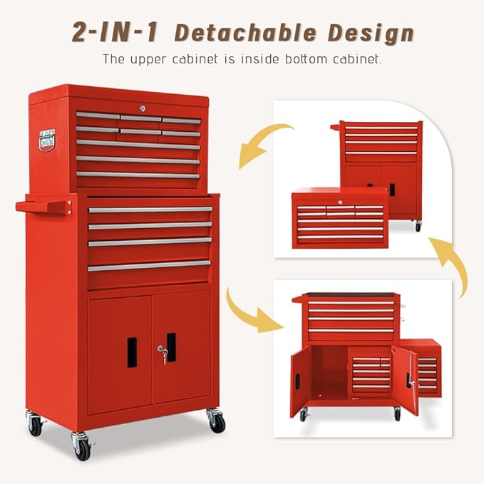 13-Drawer Double Doors Handle Rolling Tool Chest, 2 in 1 Detachable Rolling Tool Chests, Large Tool Boxes with Lock, Metal Standing Tool Cabinet for Garage Workshop(Red)