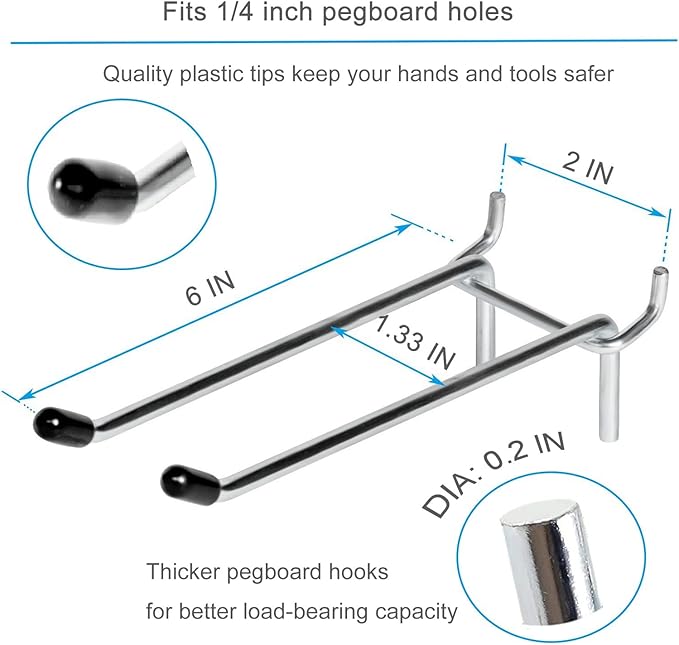 10 Pcs Pegboard Hooks, 6 Inch Peg Board Hooks, Pegboard Pegs Accessories with Rubber Tipped, Double Peg Hook Fit 1/4” Hole, Heavy Duty Tool Utility Hook for Hanging Tools, Bags and More