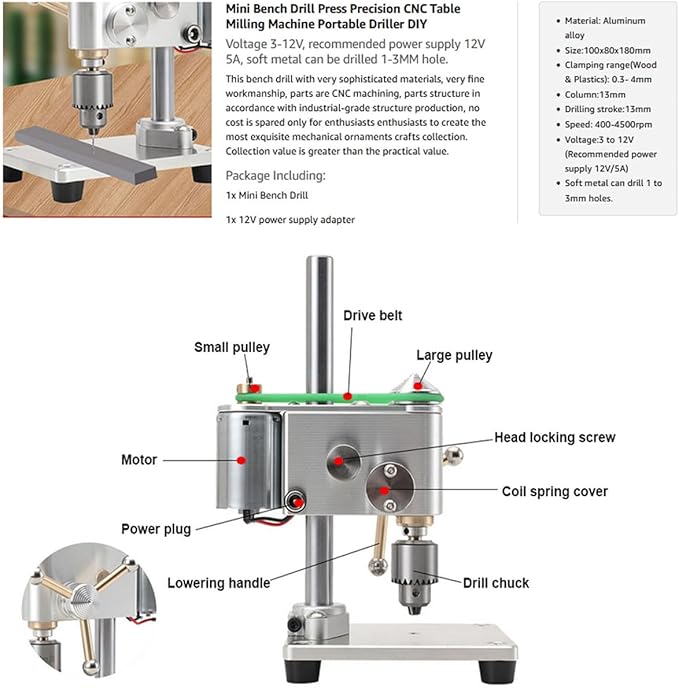 Mini Drill Press, Precision Variable Speed Benchtop Drill Press, Electric Portable Bench Drilling Machine JT0 Chuck CNC 360° Rotating for Metal Wooden DIY Jewelry Making Crafts Tool