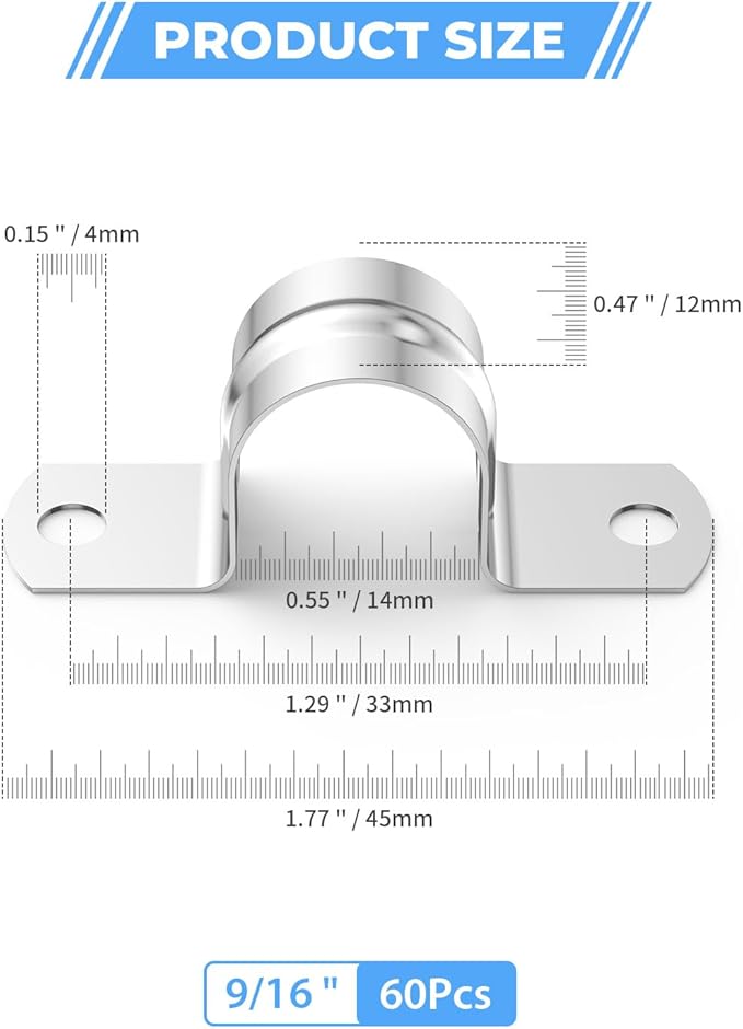 60Pcs 9/16 Inch (14mm) 304 Stainless Steel Conduit Clamps, U-Tube Strap Pipe Clamp 2 Hole Strap U Bracket Rigid Pipe Strap Clamps Metal Conduit Strap Tension Clips U-tube Clamp