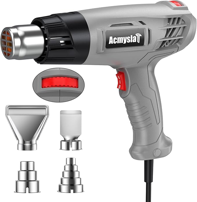 Heat Gun, Variable Temperature Settings 572℉~932℉ (300℃-500℃), Heat Hot Air Gun Overload Protection with 4 Nozzles for Shrinking Wrap, Crafting, Paint Removing, Epoxy Resin (Gray)