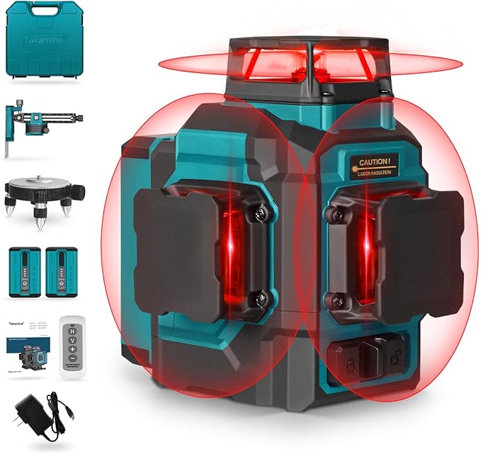 Takamine 12 Lines 3D Self Leveling Laser Level Pro, 3x360 ultra-bright Red Line with Brightness Adjustment, Two Li-ion Batteries, Remote Controller, Magnetic Rotating Stand Included