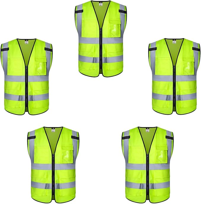 Dib Safety Vest Reflective ANSI Class 2, High Visibility Vest with Pockets and Zipper, Hi Vis Yellow 5 Pack S