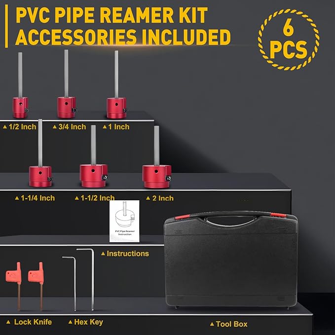 6PCS PVC Reamer Kit With 1/2inch, 3/4inch, 1inch, 1-1/4inch,1-1/2inch, 2inch Head Aluminum, PVC Fitting Saver For SCH40 Pipe