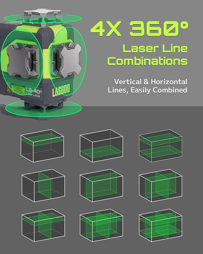 4x360° Self-Leveling Laser Level, 16 Lines Green Cross Line Laser, for Construction Projects and Home Decoration, with 2 Rechargeable Li-Ion Batteries and Magnetic Bracket, LG-4Ds