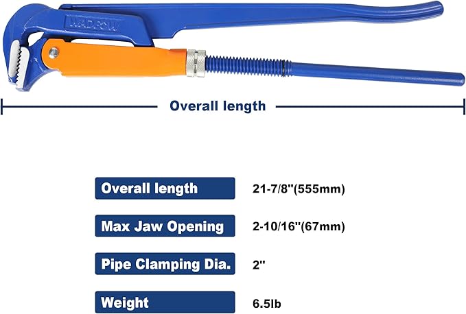 Swedish Pattern Type A pipe Wrench: Size 2" with 67 mm Max Jaw Opening, 15 inch x 90 Degree Angle Corner Pipework, Red Lacquered Finish