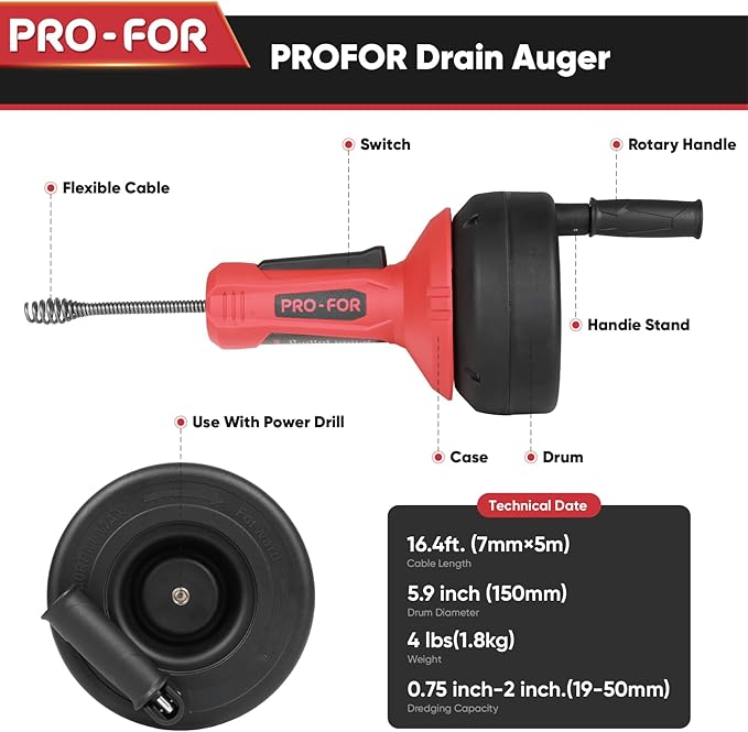 PFO-FOR Drain Auger for 3/4"-2" Pipe, Plumbing Snake Hair Drain Clog Remover, 16.5 ft Cable Unblocking Hand Auger Cleaner Tools, Manual Or Powered for Sink Kitchen Bathroom Shower Bathtub