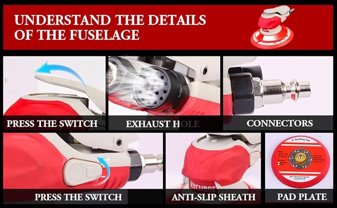 5/6 Inch Pneumatic Orbital Air Sander High-Speed DA Sander for auto body/Ideal for Woodworking, Auto Polishing, and Metal Sanding (6 inch) (6 inch)