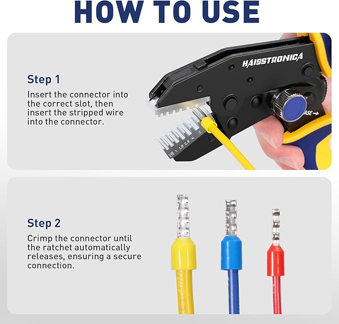 haisstronica Quick Change Jaws Crimping Tool for Ferrule Terminals AWG 24-8 Ratcheting Wire Crimper & Terminals - H2