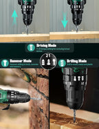 KIMO Hammer Drill - 20V 2X Battery Hammer Drill Cordless Drill Set, 350 In-lb Torque, 3/8" Keyless Chuck, 1350 RPM, 21+3 Position,14pcs Drill/Driver Bits, Power Drill Drivers for Concrete Brick Wall