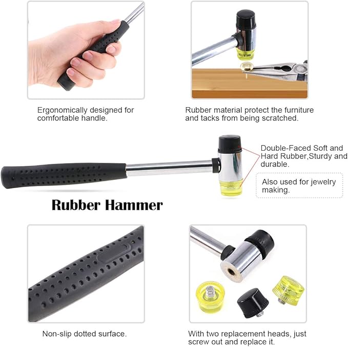 Hilitchi 5 Pcs Upholstery Tools Double-Faced Soft Mallet Tack Hammer with Two Replacement Heads, Decorative Tacks Staple Nails Lifter and Removal Pliers, Hammer Also for Leather, Jewelry Craft Project