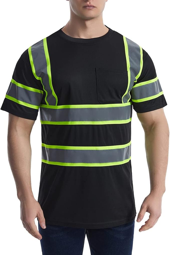 High Visibility Shirts Quick Dry Safety T Shirts with Reflective Strips and Pocket Short Sleeve Mesh Hi Vis Construction Work Class 2 Shirt for Men/Women Black,Small