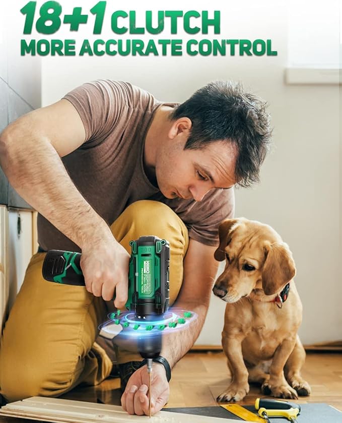 KIMO Cordless Drill/Driver Kit, 48pcs Power Drills Set w/Li-Ion Battery and Charger - 12V MAX Drills 280 In-lb Torque, 18+1 Metal Clutch, 3/8" Keyless Chuck, Built-in LED-Drill for Wood Bricks