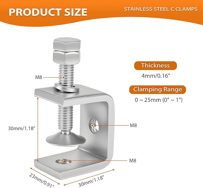 1-3/16 Inch C Clamps, 2 Pack 304 Stainless Steel C Clamps for Woodworking and Welding,Stable Wide Jaw Opening Tiger Clamp for Construction Household Mount(30mm)