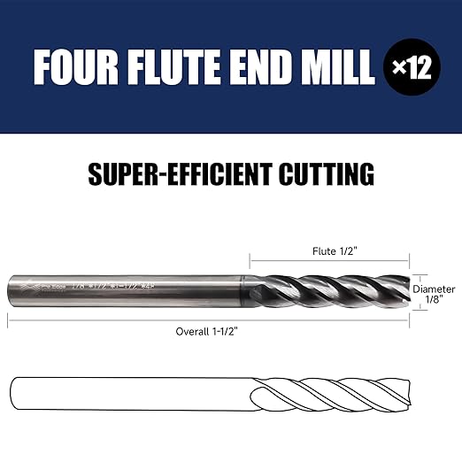 6 Pcs 1/8" Carbide Square End Mill, 4 -Flute TIALN Coated CNC Mill Bits for Steel, Alloy Steels, Hardened Steel, End Mills for Precision Milling Tasks, DIYers & Professionals