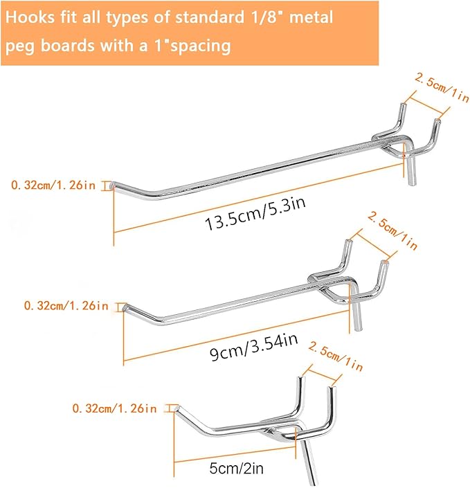 60Pcs Pegboard Hooks,2/4/6 inch Peg Board Hooks for Hanging.These Durable pegs fit 1/4" pegboard,Ideal peg Board Organizer Accessories for Tools,Kitchens,or Stores 1“ Hole Pitch