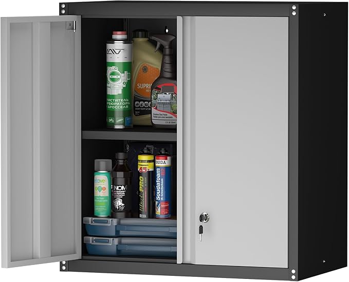 Metal Garage Wall Cabinet, Metal Wall Mounted Storage Cabinets with Lockable Doors and Adjustable Shelves, Floating Tool Cabinet for Garage, Home Office, Kitchen,BlackGrey