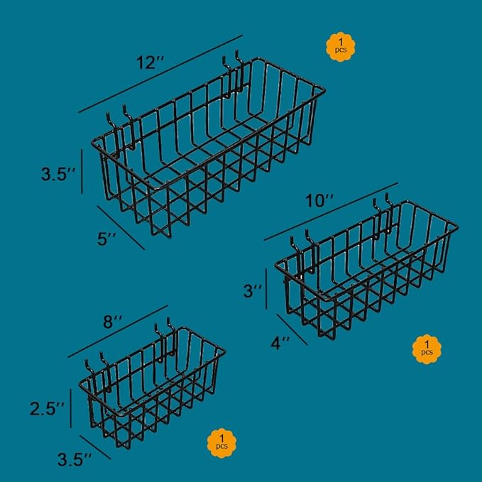 1/4 inch Extra Thick Pegboard Accessories Kit,Only Suitable for 1/4" Pegboard Board,Includes Three Baskets and Multiple Types of Pegboard Hooks,Metal Hooks for Hanging Storage(Black Baskets)