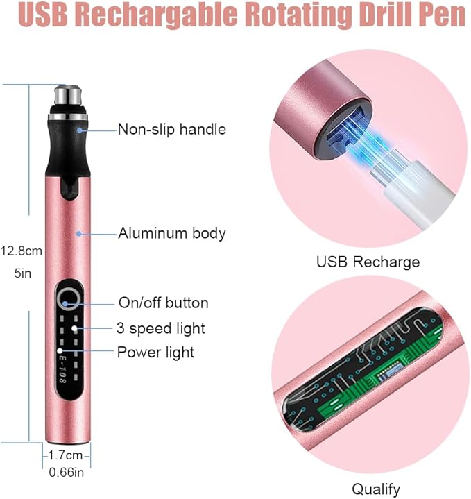 3-Speed Cordless Mini Drill Pen With 8 Small Drill Bits,Rechargeable Electric Hand Drill Pin Vise,Resin Drill Set For Jewelry Making,Resin,Plastic,Wood,Keychains DIY (PINK)