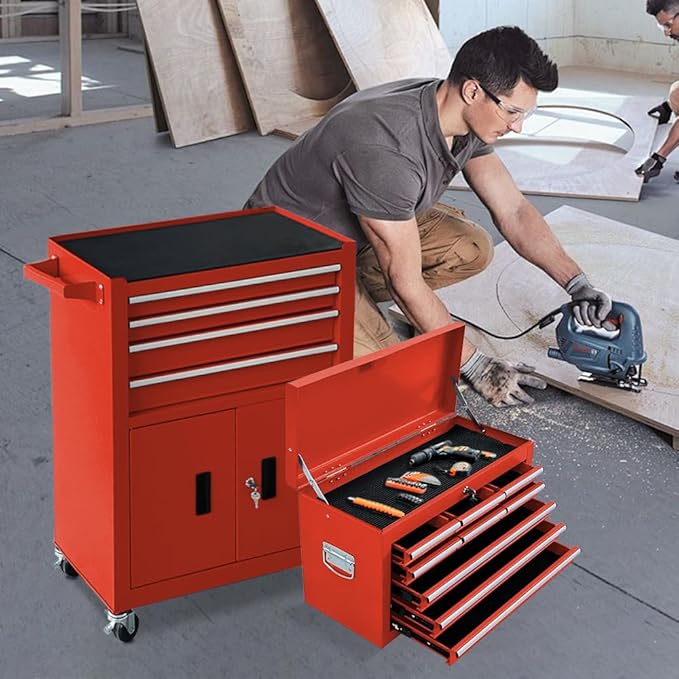 13-Drawer Double Doors Handle Rolling Tool Chest, 2 in 1 Detachable Rolling Tool Chests, Large Tool Boxes with Lock, Metal Standing Tool Cabinet for Garage Workshop(Red)