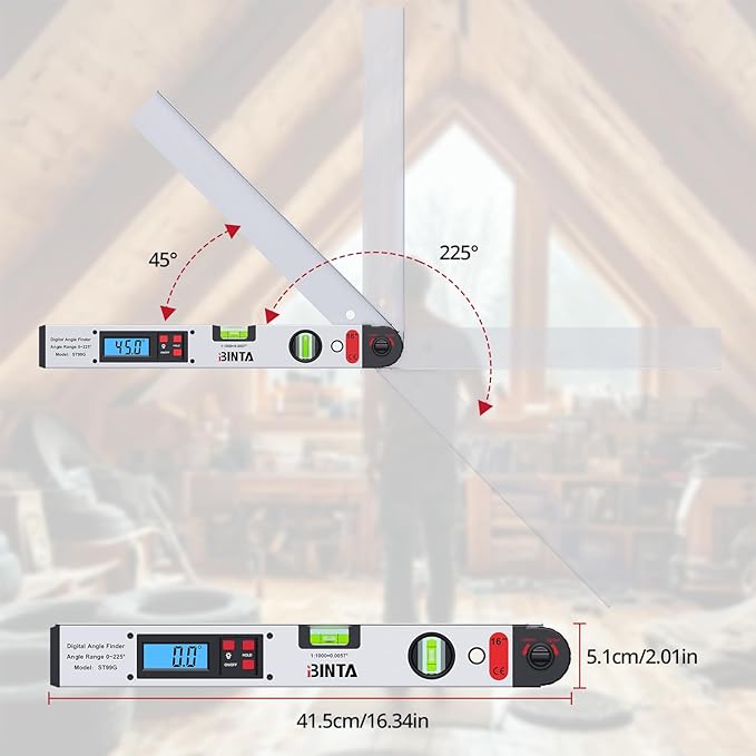 BINTA Digital Angle Finder 0-225° Range, Backlit LCD Aluminum Angle Finder Tool with Horizontal/Vertical Dual Bubble Meter Storage Bag for Woodworking, Machinery, Construction, DIY(Silver)