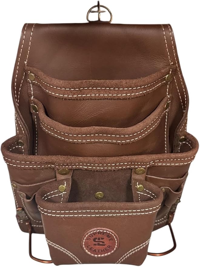 Supreme Leather Tool Pouch for Construction Carpenter Tool Bag Electrician's Pouch | 10 Pockets 2 Stainless Steel Hammer Holders Top Grain Leather Bag