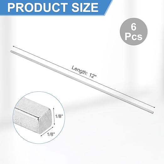 uxcell 6 Pcs Square Steel Key Stock, 1/8" x 1/8" x 12" Cold-Drawn 45# Steel Bars Precision Key Stock for Gearbox Coupling, Silver Tone