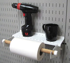 Wall Control Pegboard Organizer 4 ft. Metal Pegboard Standard Tool Storage Kit & Pegboard Paper Towel Holder and Dowel Rod Pegboard Shelf Assembly for Pegboard and Slotted Tool Board – White