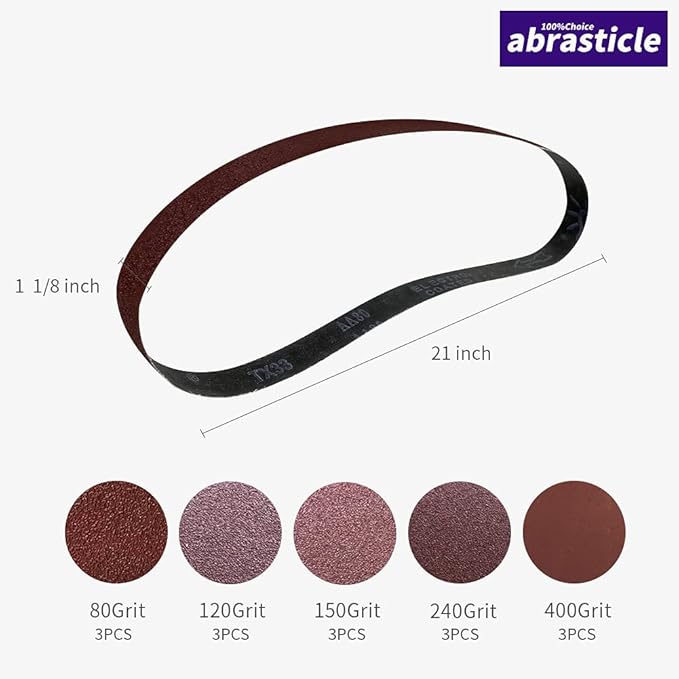 15 Pcs 1-1/8 x 21 Inch Assorted Aluminum Oxide Sanding Belt - 80/120/150/240/400 Grit