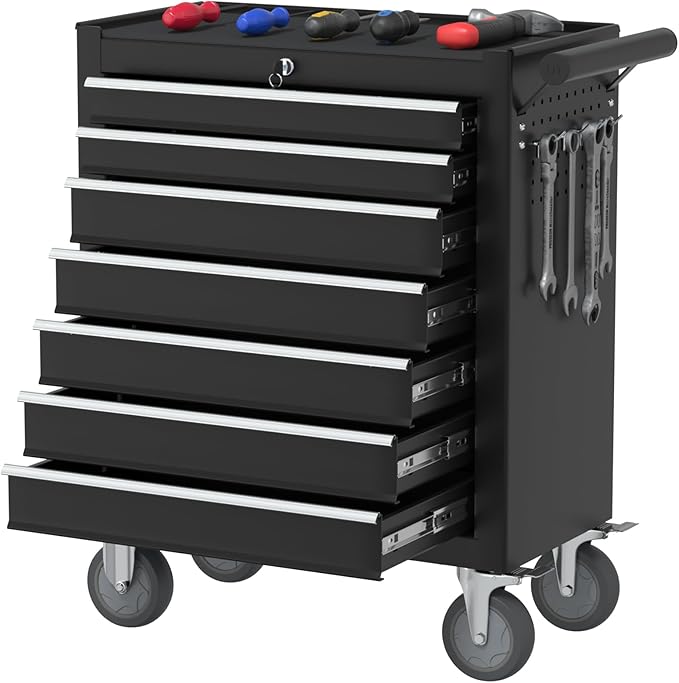 7-Drawer Rolling Tool Chest with Wheels, Metal Tool Box, Large Capacity Tool Storage Cabinet with Keyed Locking, Tool Organizer Box for Garage, Workshop, Warehouse (Black)
