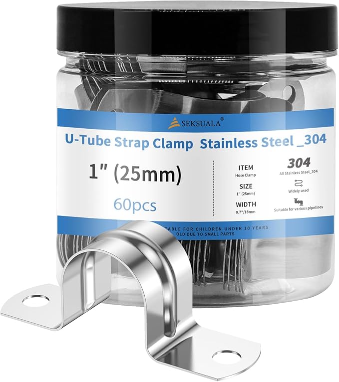 60Pcs 1 Inch (25mm) 304 Stainless Steel Conduit Clamps, U-Tube Strap Pipe Clamp 2 Hole Strap U Bracket Rigid Pipe Strap Clamps Metal Conduit Strap Tension Clips U-tube Clamp