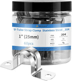 60Pcs 1 Inch (25mm) 304 Stainless Steel Conduit Clamps, U-Tube Strap Pipe Clamp 2 Hole Strap U Bracket Rigid Pipe Strap Clamps Metal Conduit Strap Tension Clips U-tube Clamp