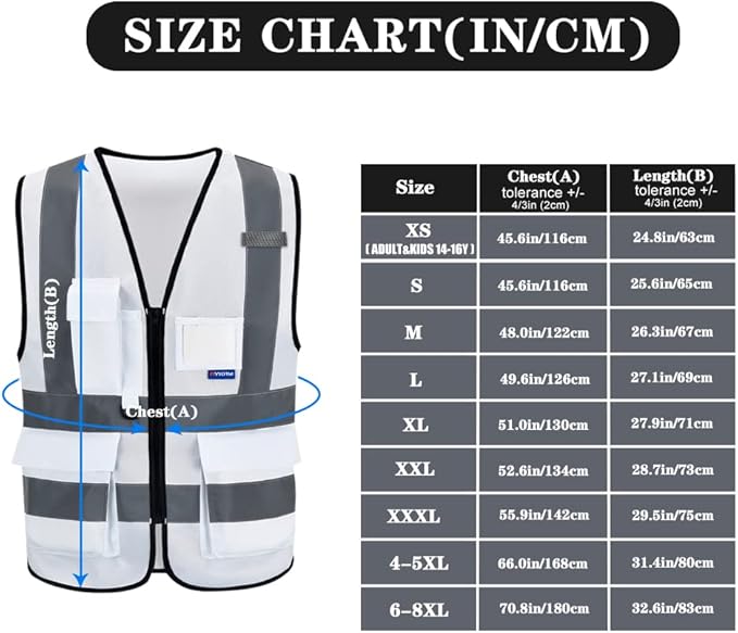 A-SAFETY Hi Reflective Safety Vest,Hi Vis Bright Neon Colors Safety Vest with 4 Reflective Strips 7 Pockets(White XXL)